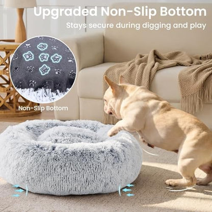 Calming Washable Dog Beds Large Sized Dog, 36Inch Donut Large Dog Bed with Removable Cover, Anti-Slip Round Fluffy Faux Fur Bed, Fits up to 80 lbs Pets, Dark Grey