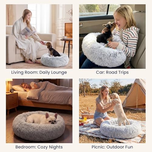 Calming Washable Dog Beds Large Sized Dog, 36Inch Donut Large Dog Bed with Removable Cover, Anti-Slip Round Fluffy Faux Fur Bed, Fits up to 80 lbs Pets, Dark Grey