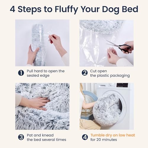 Calming Washable Dog Beds Large Sized Dog, 36Inch Donut Large Dog Bed with Removable Cover, Anti-Slip Round Fluffy Faux Fur Bed, Fits up to 80 lbs Pets, Dark Grey