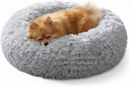 Calming Washable Dog Beds Large Sized Dog, 36Inch Donut Large Dog Bed with Removable Cover, Anti-Slip Round Fluffy Faux Fur Bed, Fits up to 80 lbs Pets, Dark Grey