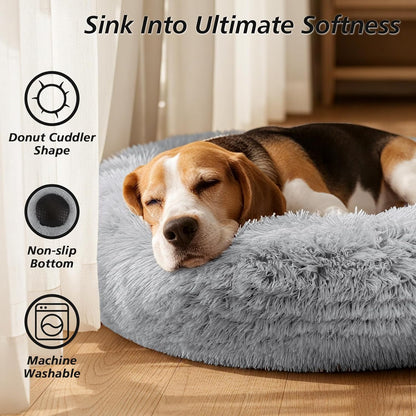 Calming Washable Dog Beds Large Sized Dog, 36Inch Donut Large Dog Bed with Removable Cover, Anti-Slip Round Fluffy Faux Fur Bed, Fits up to 80 lbs Pets, Dark Grey