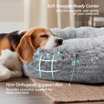 Calming Washable Dog Beds Large Sized Dog, 36Inch Donut Large Dog Bed with Removable Cover, Anti-Slip Round Fluffy Faux Fur Bed, Fits up to 80 lbs Pets, Dark Grey