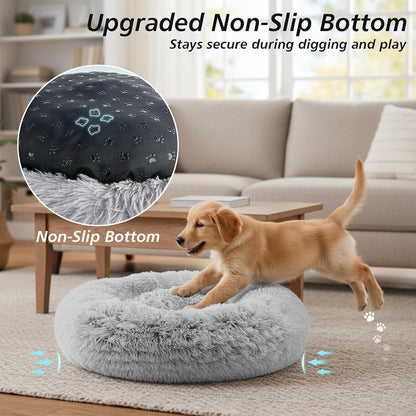 Calming Washable Dog Beds Large Sized Dog, 36Inch Donut Large Dog Bed with Removable Cover, Anti-Slip Round Fluffy Faux Fur Bed, Fits up to 80 lbs Pets, Dark Grey