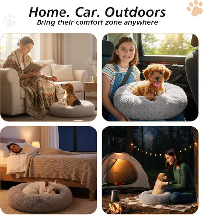 Calming Washable Dog Beds Large Sized Dog, 36Inch Donut Large Dog Bed with Removable Cover, Anti-Slip Round Fluffy Faux Fur Bed, Fits up to 80 lbs Pets, Dark Grey