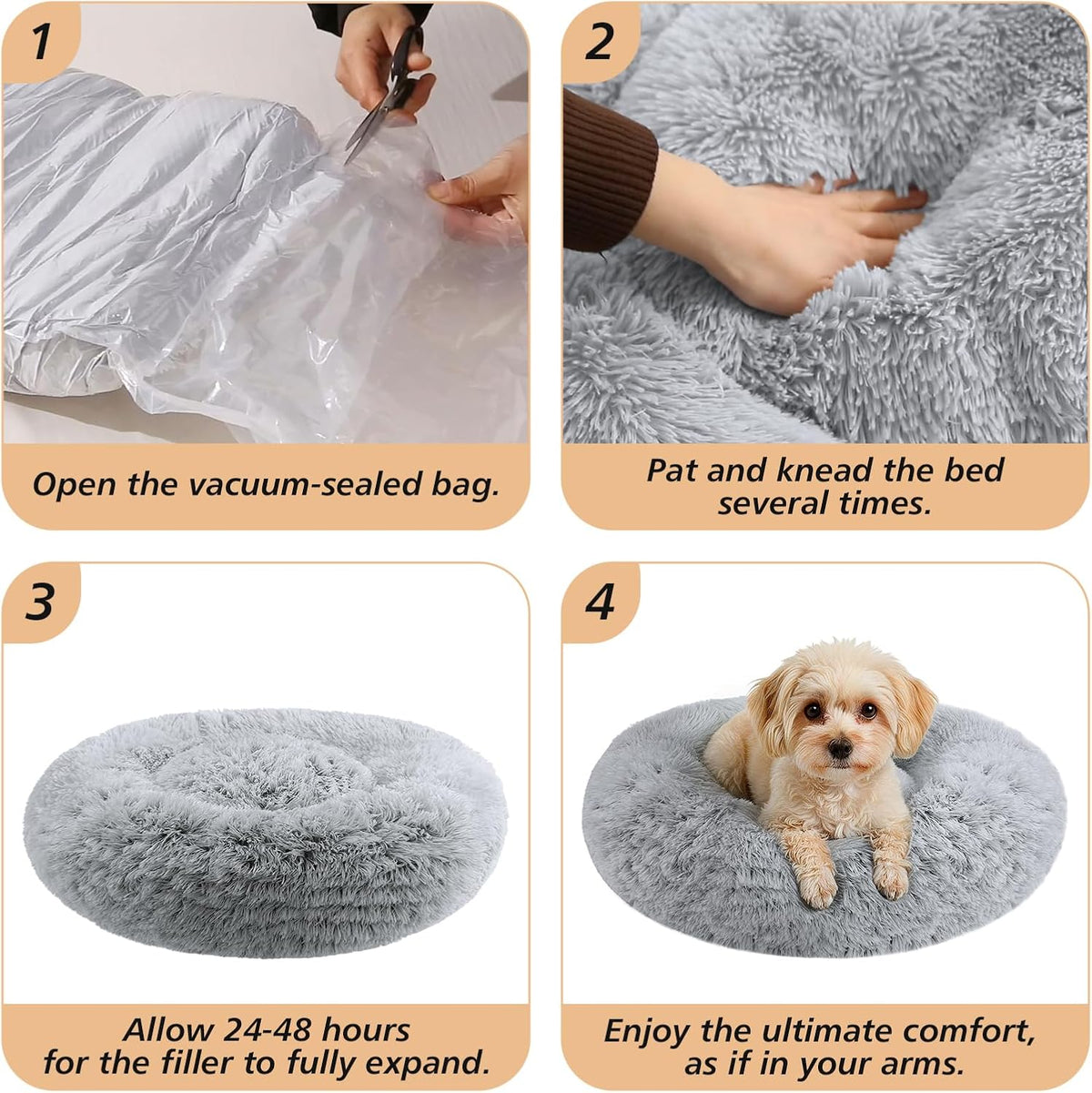 Calming Washable Dog Beds Large Sized Dog, 36Inch Donut Large Dog Bed with Removable Cover, Anti-Slip Round Fluffy Faux Fur Bed, Fits up to 80 lbs Pets, Dark Grey