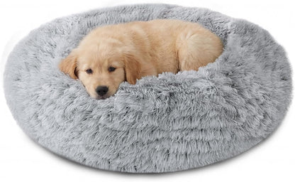Calming Washable Dog Beds Large Sized Dog, 36Inch Donut Large Dog Bed with Removable Cover, Anti-Slip Round Fluffy Faux Fur Bed, Fits up to 80 lbs Pets, Dark Grey