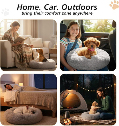 Calming Washable Dog Beds Large Sized Dog, 36Inch Donut Large Dog Bed with Removable Cover, Anti-Slip Round Fluffy Faux Fur Bed, Fits up to 80 lbs Pets, Dark Grey
