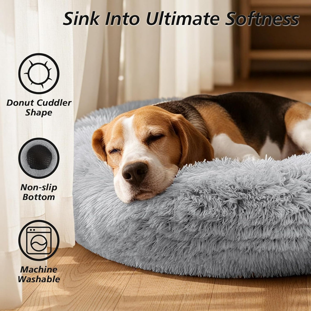 Calming Washable Dog Beds Large Sized Dog, 36Inch Donut Large Dog Bed with Removable Cover, Anti-Slip Round Fluffy Faux Fur Bed, Fits up to 80 lbs Pets, Dark Grey