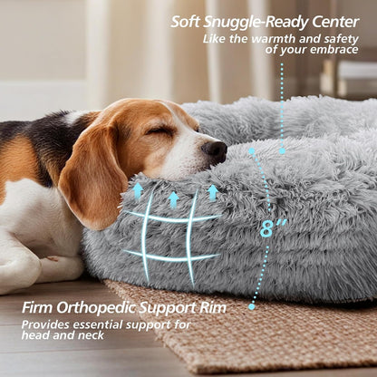 Calming Washable Dog Beds Large Sized Dog, 36Inch Donut Large Dog Bed with Removable Cover, Anti-Slip Round Fluffy Faux Fur Bed, Fits up to 80 lbs Pets, Dark Grey