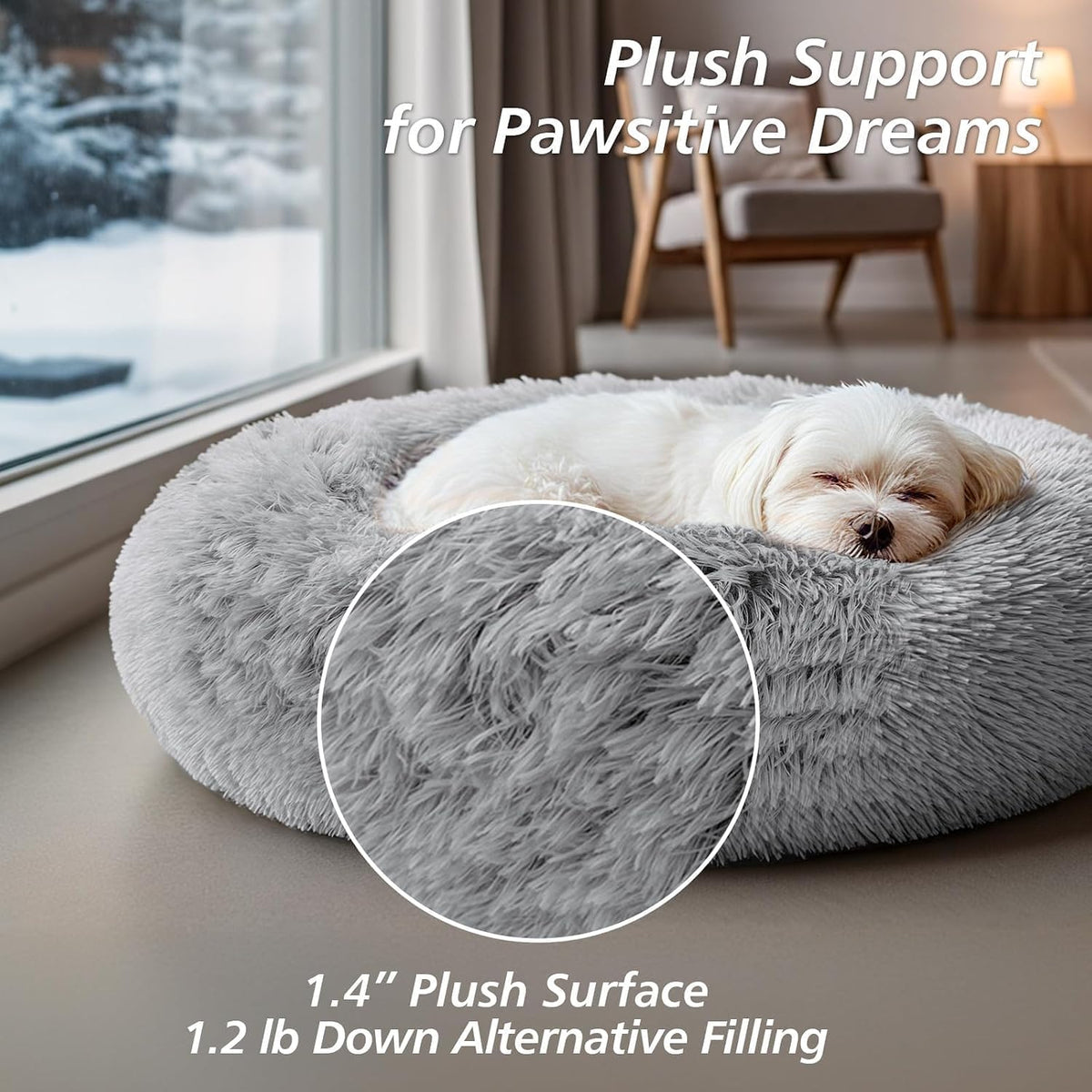Calming Washable Dog Beds Large Sized Dog, 36Inch Donut Large Dog Bed with Removable Cover, Anti-Slip Round Fluffy Faux Fur Bed, Fits up to 80 lbs Pets, Dark Grey
