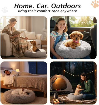 Calming Washable Dog Beds Large Sized Dog, 36Inch Donut Large Dog Bed with Removable Cover, Anti-Slip Round Fluffy Faux Fur Bed, Fits up to 80 lbs Pets, Dark Grey