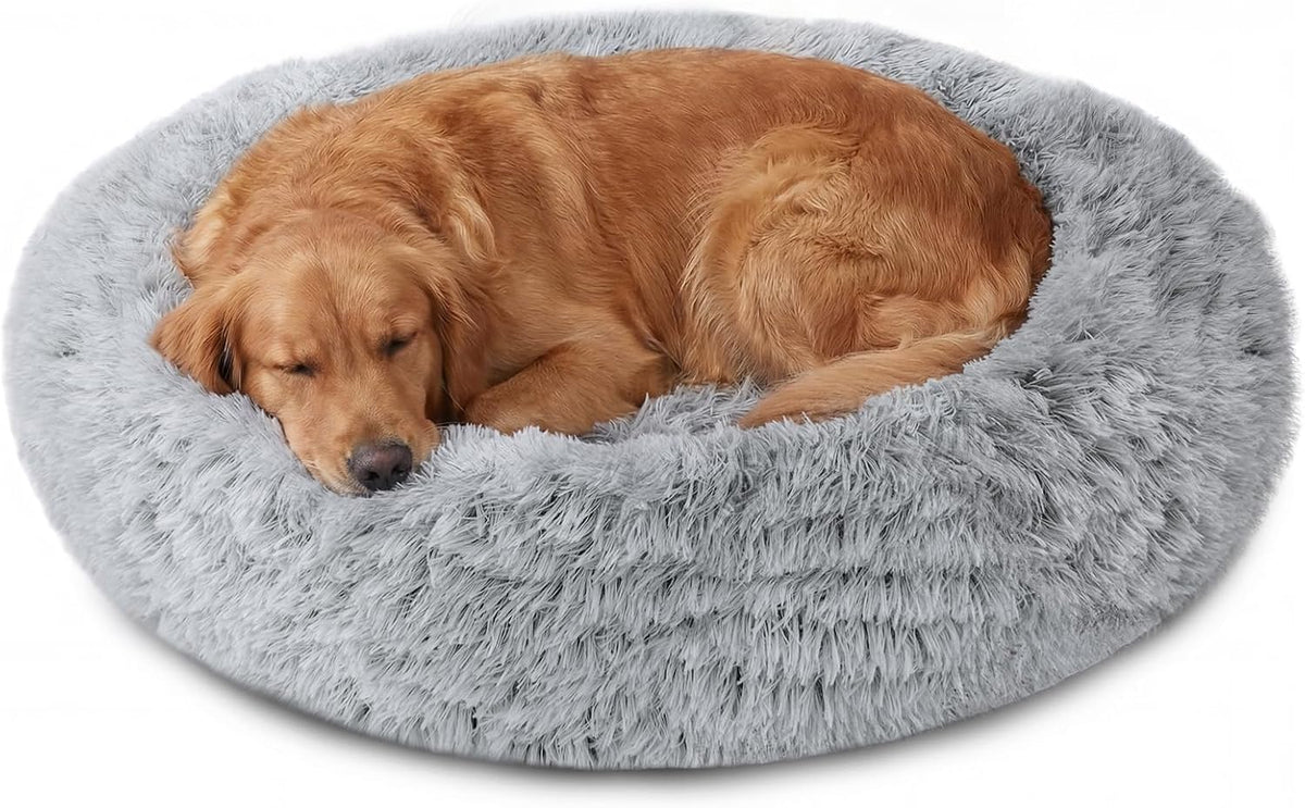 Calming Washable Dog Beds Large Sized Dog, 36Inch Donut Large Dog Bed with Removable Cover, Anti-Slip Round Fluffy Faux Fur Bed, Fits up to 80 lbs Pets, Dark Grey