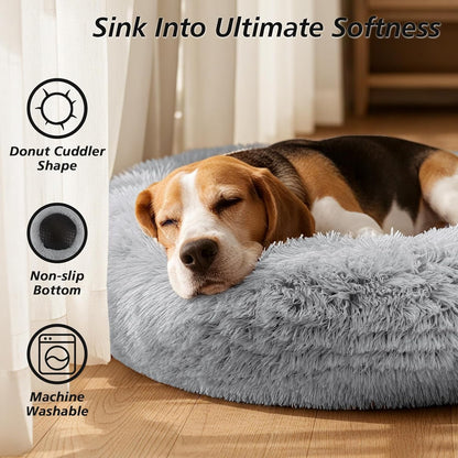 Calming Washable Dog Beds Large Sized Dog, 36Inch Donut Large Dog Bed with Removable Cover, Anti-Slip Round Fluffy Faux Fur Bed, Fits up to 80 lbs Pets, Dark Grey