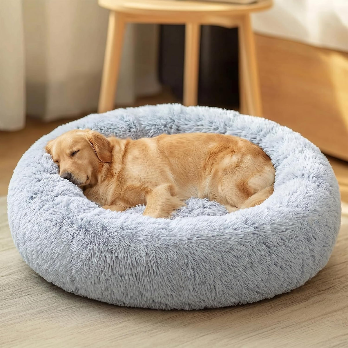 Calming Washable Dog Beds Large Sized Dog, 36Inch Donut Large Dog Bed with Removable Cover, Anti-Slip Round Fluffy Faux Fur Bed, Fits up to 80 lbs Pets, Dark Grey