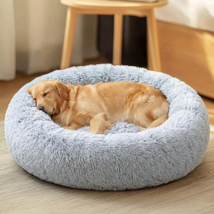 Calming Washable Dog Beds Large Sized Dog, 36Inch Donut Large Dog Bed with Removable Cover, Anti-Slip Round Fluffy Faux Fur Bed, Fits up to 80 lbs Pets, Dark Grey