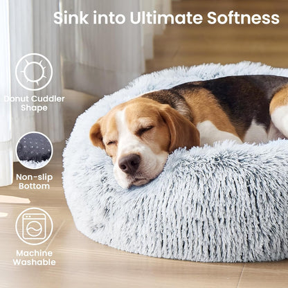 Calming Washable Dog Beds Large Sized Dog, 36Inch Donut Large Dog Bed with Removable Cover, Anti-Slip Round Fluffy Faux Fur Bed, Fits up to 80 lbs Pets, Dark Grey