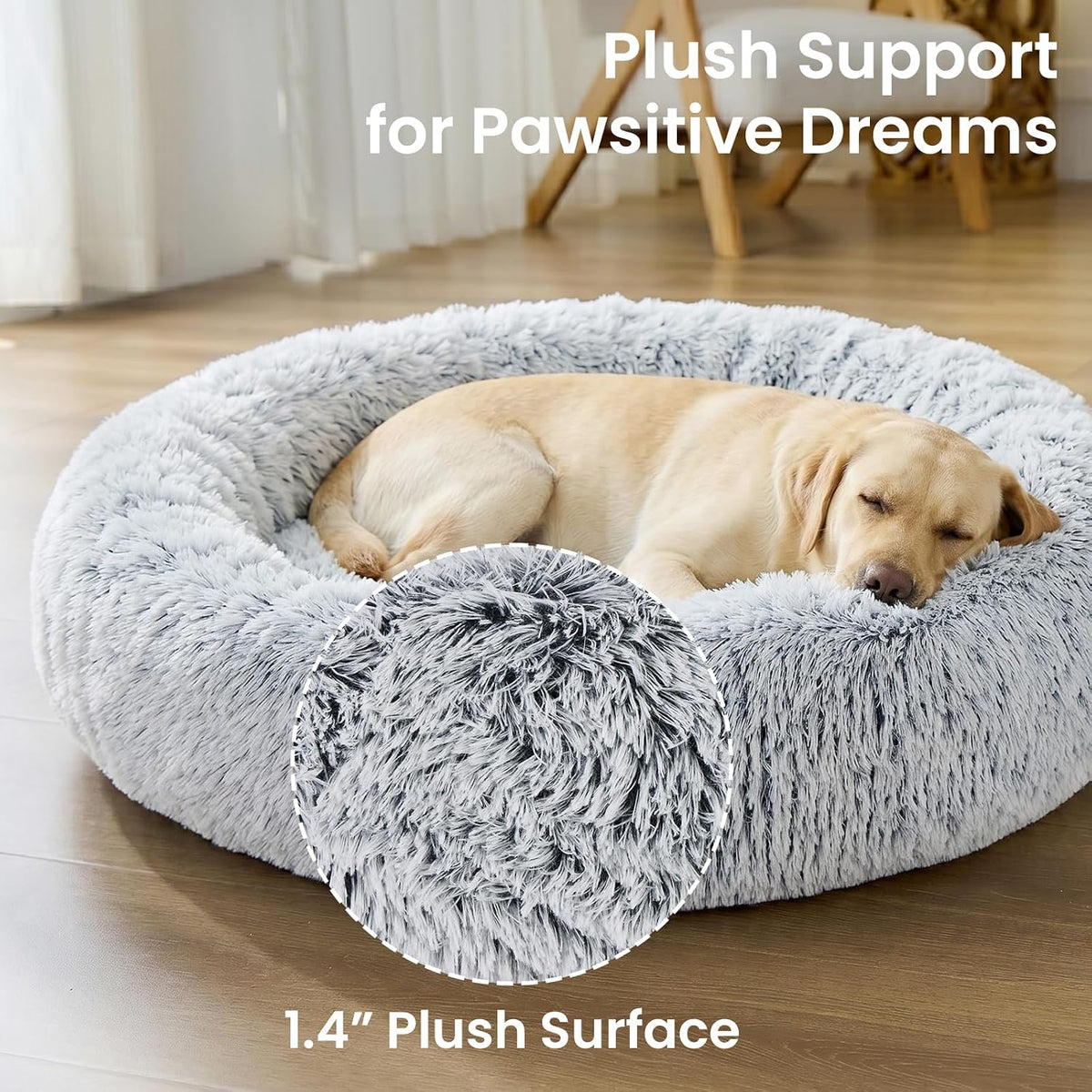 Calming Washable Dog Beds Large Sized Dog, 36Inch Donut Large Dog Bed with Removable Cover, Anti-Slip Round Fluffy Faux Fur Bed, Fits up to 80 lbs Pets, Dark Grey