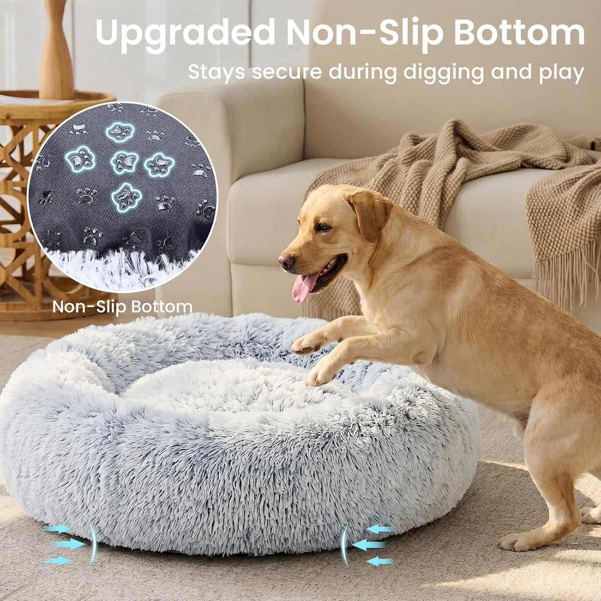 Calming Washable Dog Beds Large Sized Dog, 36Inch Donut Large Dog Bed with Removable Cover, Anti-Slip Round Fluffy Faux Fur Bed, Fits up to 80 lbs Pets, Dark Grey