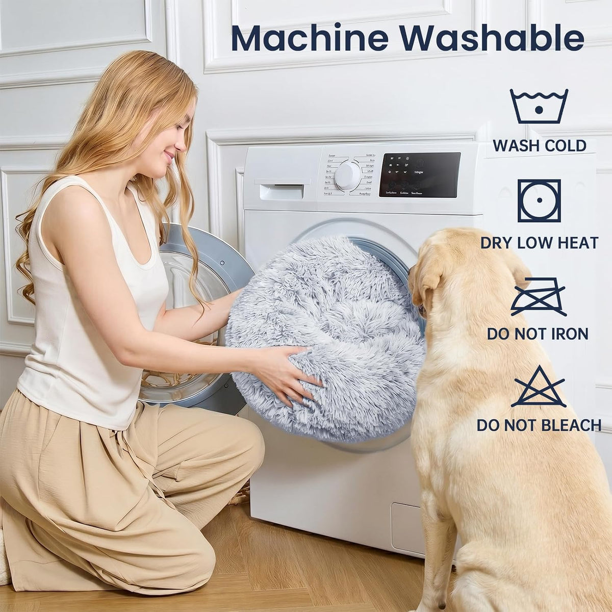 Calming Washable Dog Beds Large Sized Dog, 36Inch Donut Large Dog Bed with Removable Cover, Anti-Slip Round Fluffy Faux Fur Bed, Fits up to 80 lbs Pets, Dark Grey