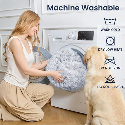 Calming Washable Dog Beds Large Sized Dog, 36Inch Donut Large Dog Bed with Removable Cover, Anti-Slip Round Fluffy Faux Fur Bed, Fits up to 80 lbs Pets, Dark Grey