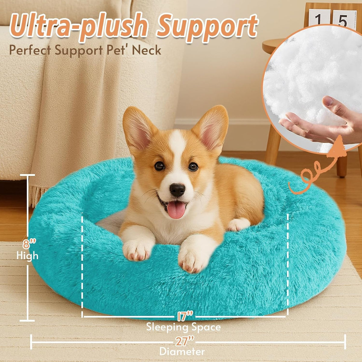Calming Washable Dog Beds Large Sized Dog, 36Inch Donut Large Dog Bed with Removable Cover, Anti-Slip Round Fluffy Faux Fur Bed, Fits up to 80 lbs Pets, Dark Grey
