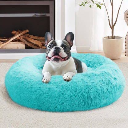 Calming Washable Dog Beds Large Sized Dog, 36Inch Donut Large Dog Bed with Removable Cover, Anti-Slip Round Fluffy Faux Fur Bed, Fits up to 80 lbs Pets, Dark Grey