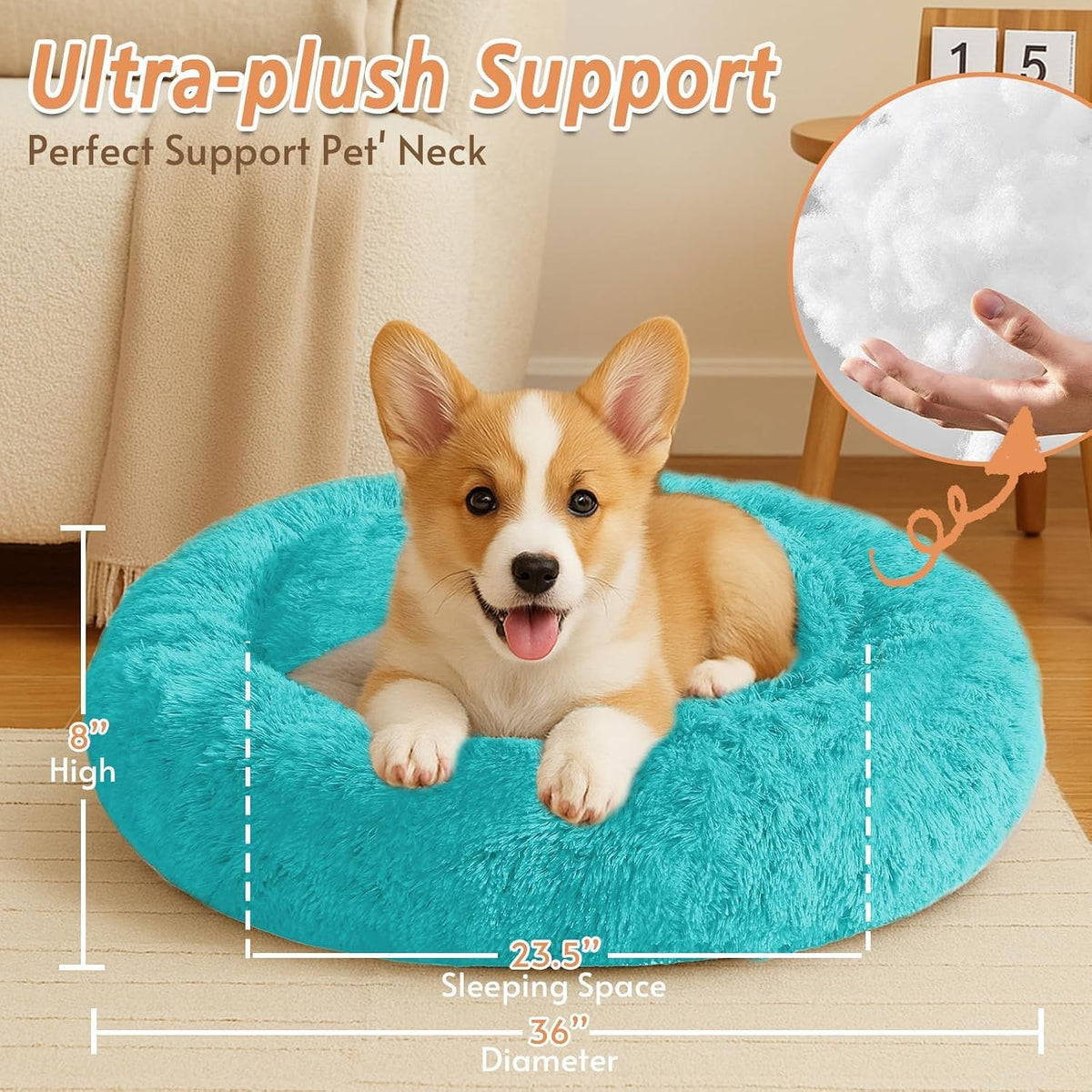 Calming Washable Dog Beds Large Sized Dog, 36Inch Donut Large Dog Bed with Removable Cover, Anti-Slip Round Fluffy Faux Fur Bed, Fits up to 80 lbs Pets, Dark Grey