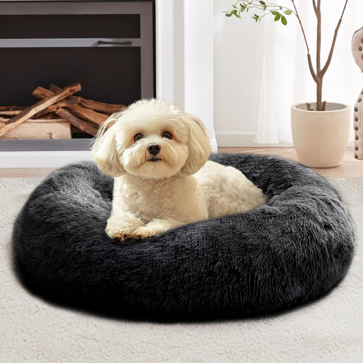 Calming Washable Dog Beds Large Sized Dog, 36Inch Donut Large Dog Bed with Removable Cover, Anti-Slip Round Fluffy Faux Fur Bed, Fits up to 80 lbs Pets, Dark Grey
