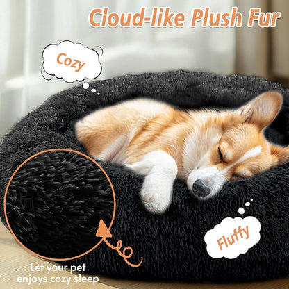 Calming Washable Dog Beds Large Sized Dog, 36Inch Donut Large Dog Bed with Removable Cover, Anti-Slip Round Fluffy Faux Fur Bed, Fits up to 80 lbs Pets, Dark Grey
