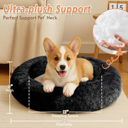 Calming Washable Dog Beds Large Sized Dog, 36Inch Donut Large Dog Bed with Removable Cover, Anti-Slip Round Fluffy Faux Fur Bed, Fits up to 80 lbs Pets, Dark Grey