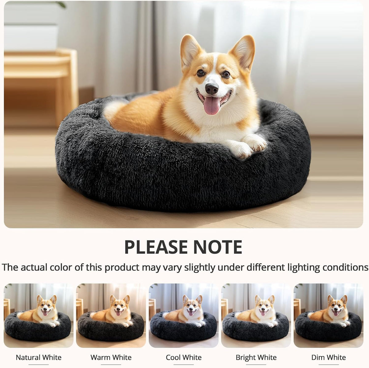Calming Washable Dog Beds Large Sized Dog, 36Inch Donut Large Dog Bed with Removable Cover, Anti-Slip Round Fluffy Faux Fur Bed, Fits up to 80 lbs Pets, Dark Grey