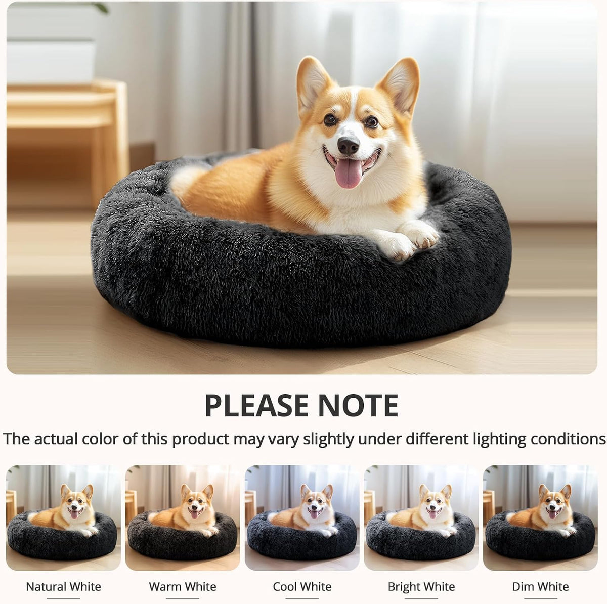 Calming Washable Dog Beds Large Sized Dog, 36Inch Donut Large Dog Bed with Removable Cover, Anti-Slip Round Fluffy Faux Fur Bed, Fits up to 80 lbs Pets, Dark Grey