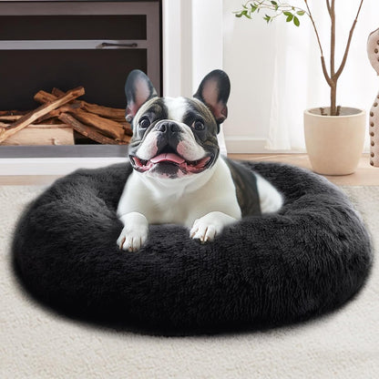 Calming Washable Dog Beds Large Sized Dog, 36Inch Donut Large Dog Bed with Removable Cover, Anti-Slip Round Fluffy Faux Fur Bed, Fits up to 80 lbs Pets, Dark Grey