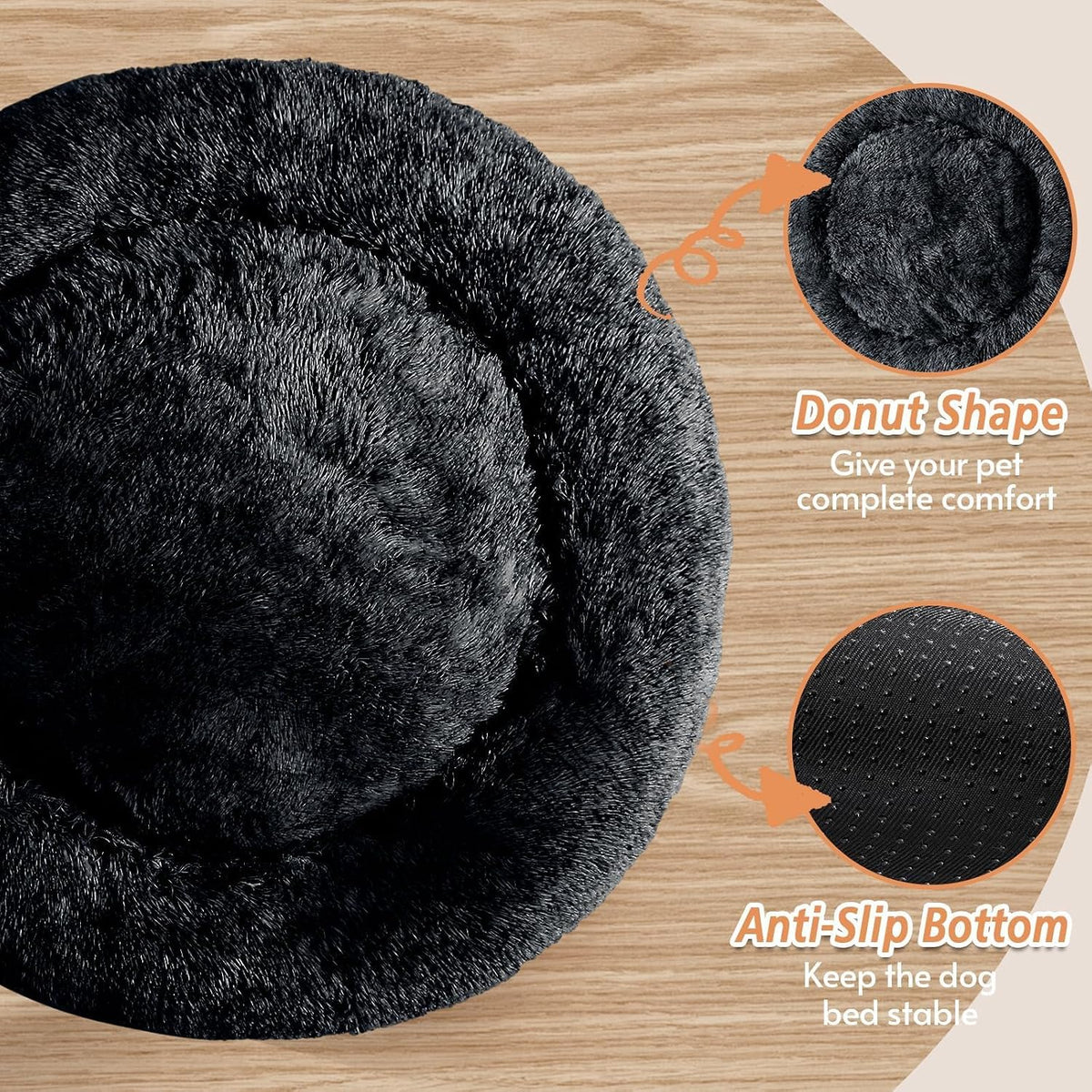Calming Washable Dog Beds Large Sized Dog, 36Inch Donut Large Dog Bed with Removable Cover, Anti-Slip Round Fluffy Faux Fur Bed, Fits up to 80 lbs Pets, Dark Grey