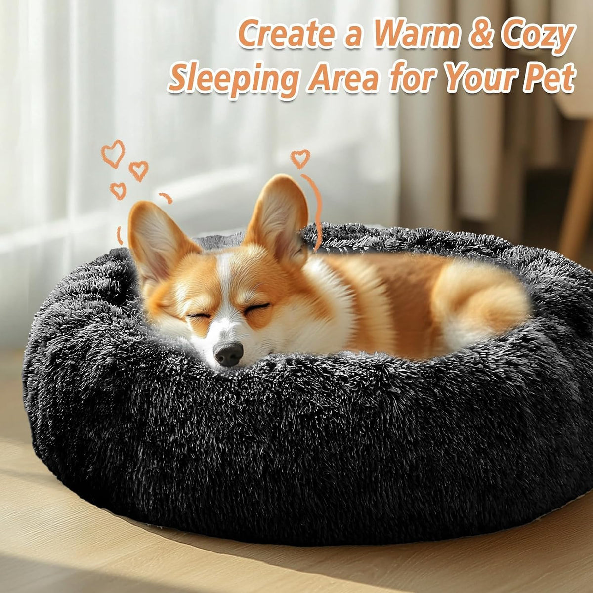 Calming Washable Dog Beds Large Sized Dog, 36Inch Donut Large Dog Bed with Removable Cover, Anti-Slip Round Fluffy Faux Fur Bed, Fits up to 80 lbs Pets, Dark Grey
