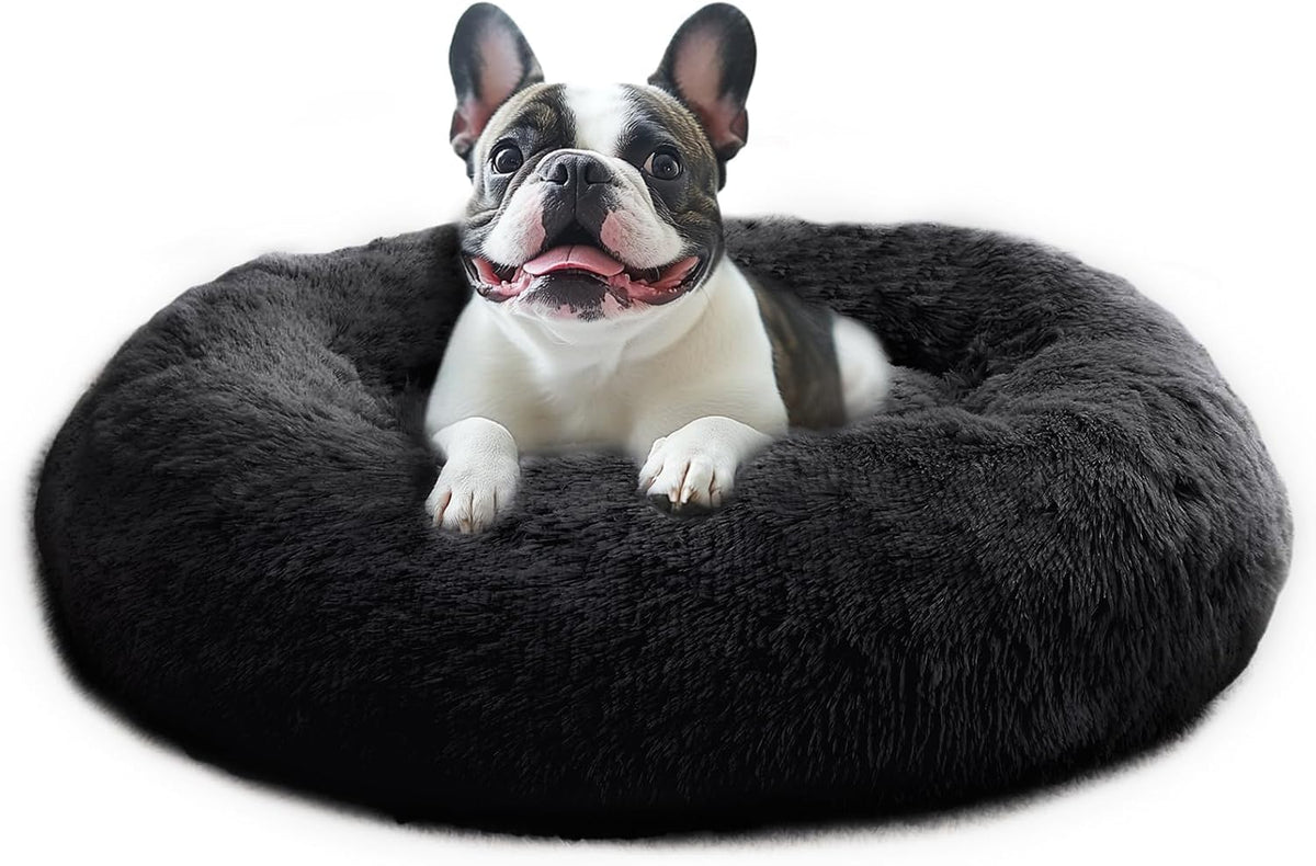 Calming Washable Dog Beds Large Sized Dog, 36Inch Donut Large Dog Bed with Removable Cover, Anti-Slip Round Fluffy Faux Fur Bed, Fits up to 80 lbs Pets, Dark Grey