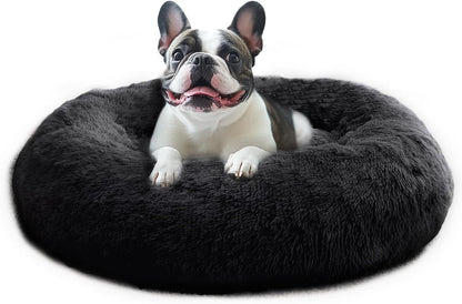 Calming Washable Dog Beds Large Sized Dog, 36Inch Donut Large Dog Bed with Removable Cover, Anti-Slip Round Fluffy Faux Fur Bed, Fits up to 80 lbs Pets, Dark Grey