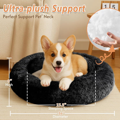 Calming Washable Dog Beds Large Sized Dog, 36Inch Donut Large Dog Bed with Removable Cover, Anti-Slip Round Fluffy Faux Fur Bed, Fits up to 80 lbs Pets, Dark Grey