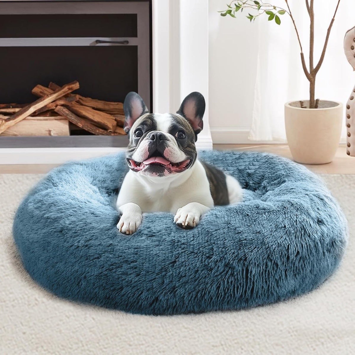 Calming Washable Dog Beds Large Sized Dog, 36Inch Donut Large Dog Bed with Removable Cover, Anti-Slip Round Fluffy Faux Fur Bed, Fits up to 80 lbs Pets, Dark Grey