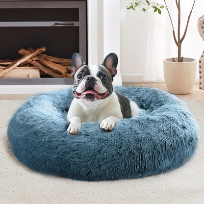 Calming Washable Dog Beds Large Sized Dog, 36Inch Donut Large Dog Bed with Removable Cover, Anti-Slip Round Fluffy Faux Fur Bed, Fits up to 80 lbs Pets, Dark Grey
