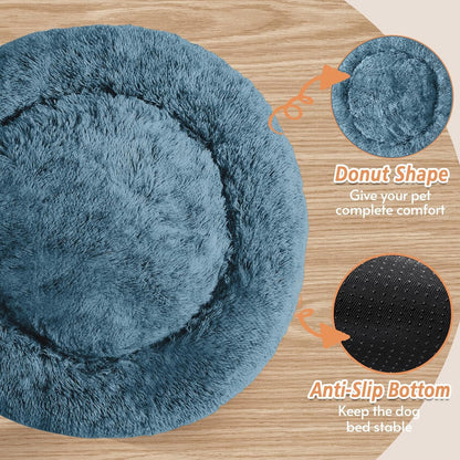 Calming Washable Dog Beds Large Sized Dog, 36Inch Donut Large Dog Bed with Removable Cover, Anti-Slip Round Fluffy Faux Fur Bed, Fits up to 80 lbs Pets, Dark Grey