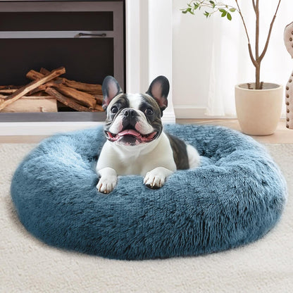 Calming Washable Dog Beds Large Sized Dog, 36Inch Donut Large Dog Bed with Removable Cover, Anti-Slip Round Fluffy Faux Fur Bed, Fits up to 80 lbs Pets, Dark Grey