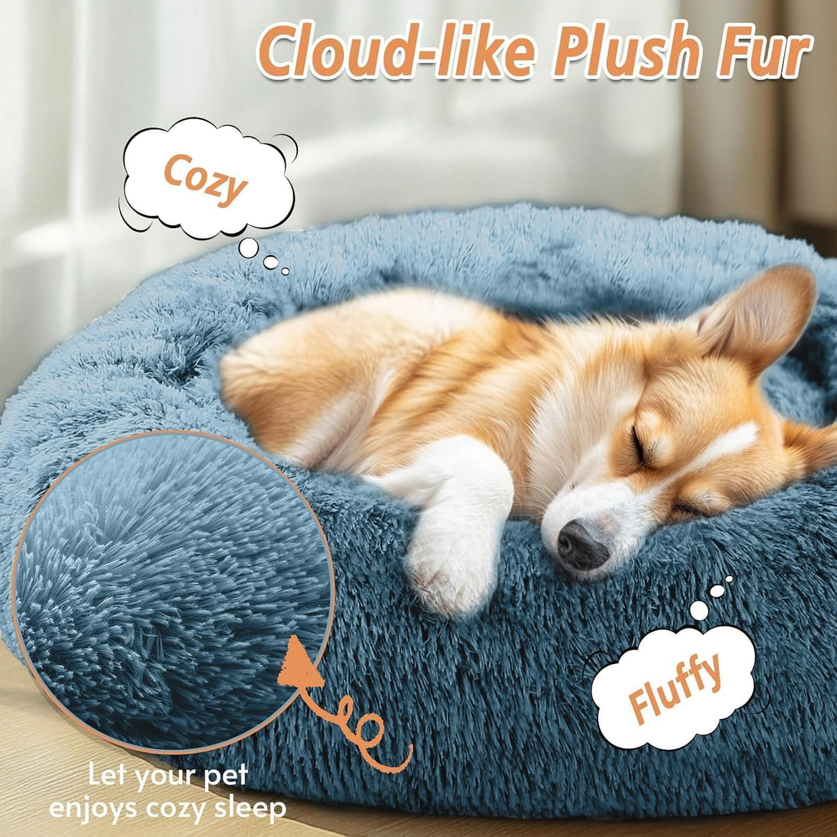Calming Washable Dog Beds Large Sized Dog, 36Inch Donut Large Dog Bed with Removable Cover, Anti-Slip Round Fluffy Faux Fur Bed, Fits up to 80 lbs Pets, Dark Grey