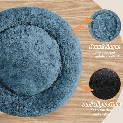 Calming Washable Dog Beds Large Sized Dog, 36Inch Donut Large Dog Bed with Removable Cover, Anti-Slip Round Fluffy Faux Fur Bed, Fits up to 80 lbs Pets, Dark Grey