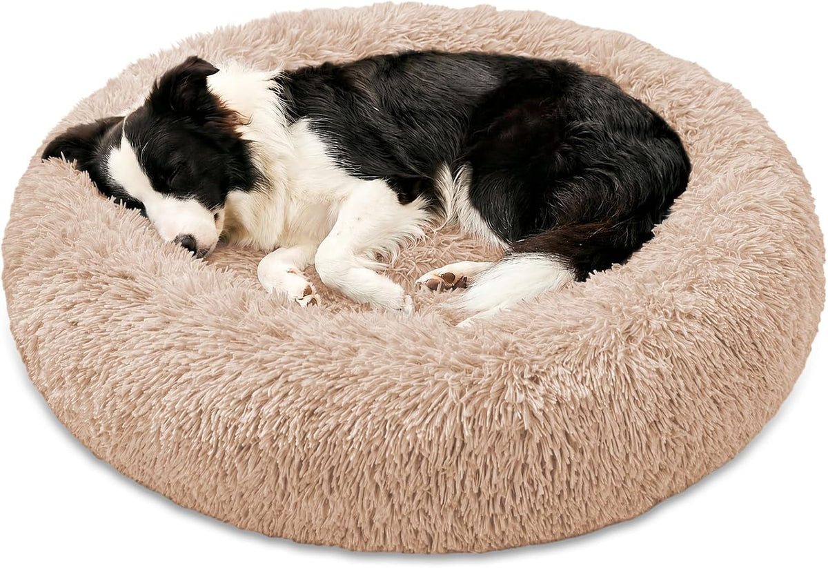 Calming Washable Dog Beds Large Sized Dog, 36Inch Donut Large Dog Bed with Removable Cover, Anti-Slip Round Fluffy Faux Fur Bed, Fits up to 80 lbs Pets, Dark Grey