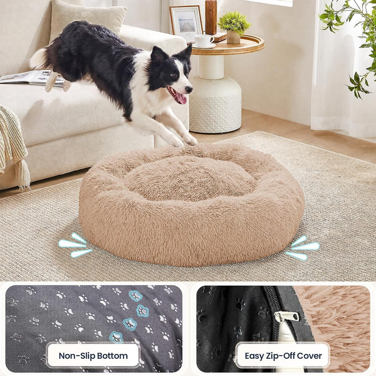 Calming Washable Dog Beds Large Sized Dog, 36Inch Donut Large Dog Bed with Removable Cover, Anti-Slip Round Fluffy Faux Fur Bed, Fits up to 80 lbs Pets, Dark Grey