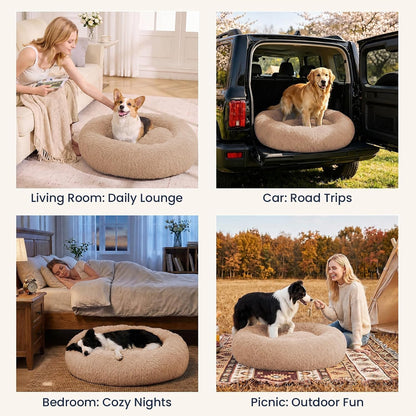 Calming Washable Dog Beds Large Sized Dog, 36Inch Donut Large Dog Bed with Removable Cover, Anti-Slip Round Fluffy Faux Fur Bed, Fits up to 80 lbs Pets, Dark Grey