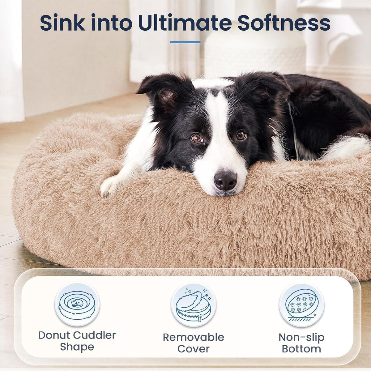 Calming Washable Dog Beds Large Sized Dog, 36Inch Donut Large Dog Bed with Removable Cover, Anti-Slip Round Fluffy Faux Fur Bed, Fits up to 80 lbs Pets, Dark Grey
