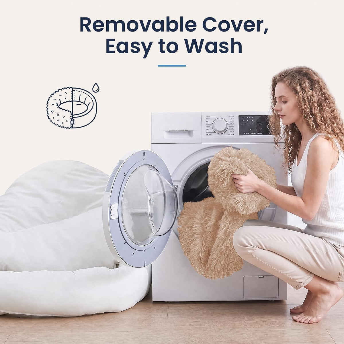 Calming Washable Dog Beds Large Sized Dog, 36Inch Donut Large Dog Bed with Removable Cover, Anti-Slip Round Fluffy Faux Fur Bed, Fits up to 80 lbs Pets, Dark Grey