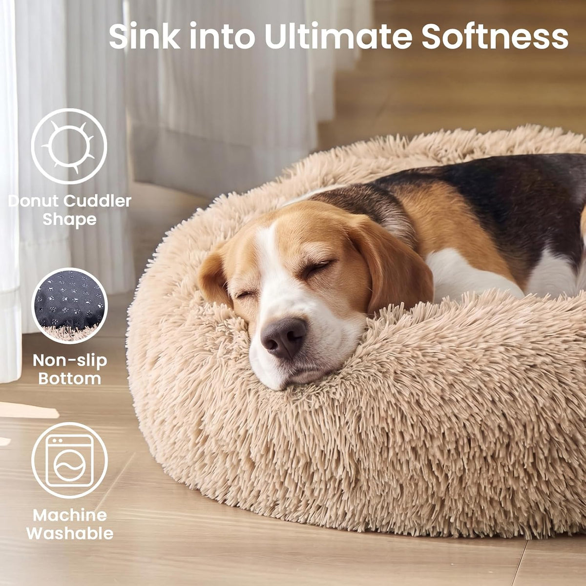 Calming Washable Dog Beds Large Sized Dog, 36Inch Donut Large Dog Bed with Removable Cover, Anti-Slip Round Fluffy Faux Fur Bed, Fits up to 80 lbs Pets, Dark Grey